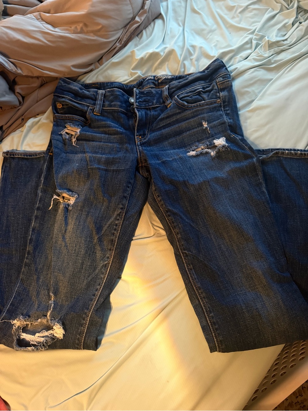 American Eagle Outfitters Dark Blue Distressed Slightly Flared Jeans